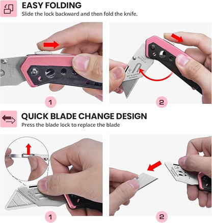 Pink Box Cutter Knife, Folding Utility Knife, 6 in 1 Razor Pocket Utility Knives Multitool with Clip, 5 Razor Blades, Screwdriver, Saw, Safe Lock, Work Knives, EDC Gadgets Gifts for Men Women