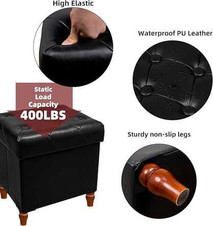 CAROLMADE Folding Storage Ottoman Cube PU Leather Footstool with Wood Legs Ottoman Footrest for Living Room and Bedroom Black, 15x12.6 x 15.4”