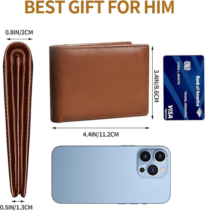 Genuine Leather Mens Wallet, RFID Blocking Bifold Wallet for Men with ID Window, 11 Credit Card Slots (Brown)