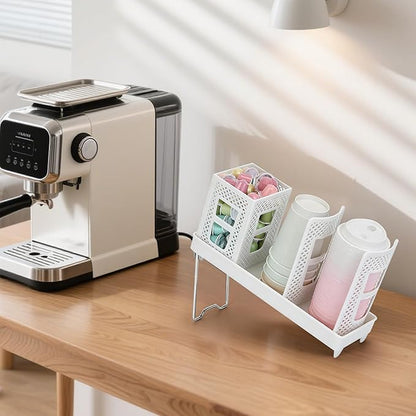 Coffee Cup Dispenser with Straws Holder, Plastic Coffee Cup and Lid Holder, 5-20oz Disposable Paper Cups Organizer for Countertop, Station, Bar, Office, Restaurant, Breakroom (White)