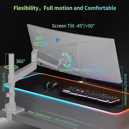 Monitor Arm for 17 to 60 inch, Hold 44 lbs, Fully Adjustable Heavy Duty Desk Mount, Monitor Stand Fit 57 55 49", Ultrawide Monitors Bracket Clamp/Grommet Base VESA 75x75/100x100 (White)