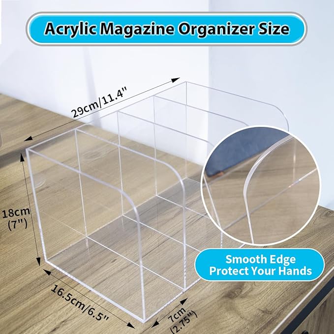 Acrylic File Organizer, Clear Desk Organizer Workspace Sorters, Magazine Binder Holder with 4 Vertical Compartments Bookshelf for Desk Home Office