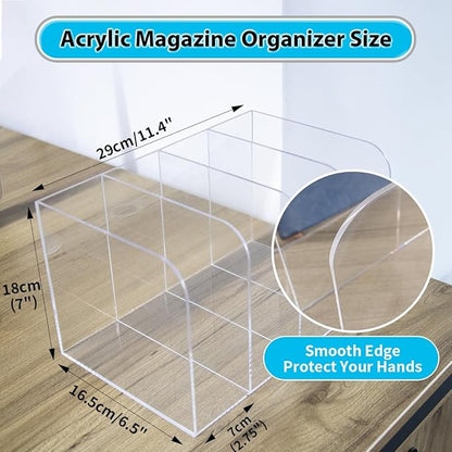 Acrylic File Organizer, Clear Desk Organizer Workspace Sorters, Magazine Binder Holder with 4 Vertical Compartments Bookshelf for Desk Home Office