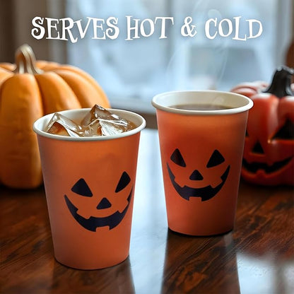 Halloween Disposable Paper Party Cups, Bulk 50 Pack, Leak-Resistant, 12 oz Hot and Cold Cups for Restaurants and Parties, Jack-O-Lantern, Black & Orange