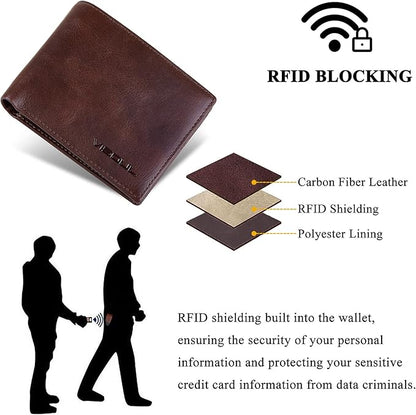 VISOUL Men's Leather RFID Blocking Wallet Extra Capacity, Bifold Security Wallet for men with 2 ID Windows 8 Card Slots 2 Cash Compartments (Coffee and Dark Orange)