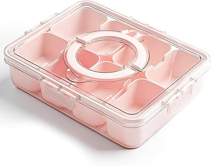 Snackle Box Container, Divided Serving Tray with Lid and Handl 8 Compartments Snacks Box,Candy Snack Fruit and Veggie Tray, Suitable for Picnics Trips Parties and Holidays
