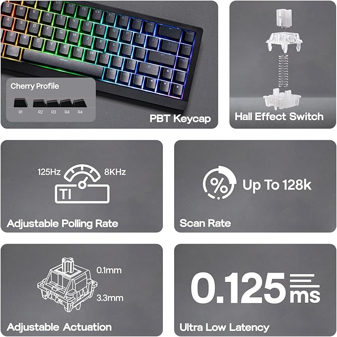 EPOMAKER HE68 Lite Hall Effect Gaming Keyboard, 8k Polling & 128K Scan Rate, 0.005mm Adjustable Trigger, 0.125ms Latency, 5-Layer Sound-Dampened, Snap Key, SOCD, A-RGB, Wired, Mac Software (Black)
