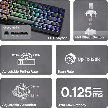 EPOMAKER HE68 Lite Hall Effect Gaming Keyboard, 8k Polling & 128K Scan Rate, 0.005mm Adjustable Trigger, 0.125ms Latency, 5-Layer Sound-Dampened, Snap Key, SOCD, A-RGB, Wired, Mac Software (Black)