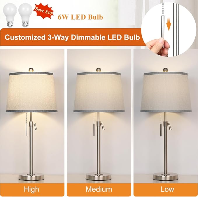 Table Lamps Set of 2, Bedside Lamp Silver Tall Table Lamps for Living Room End Tables, 22" to 30" Adjustable Height Lamp for Bedroom Nightstand Farmhouse with Pull Chain(Bulbs Included)