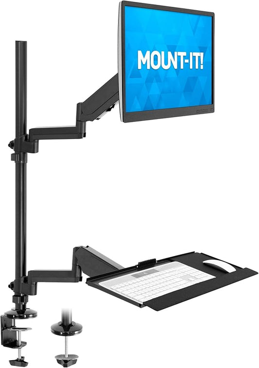 MOUNT-IT! Sit Stand Monitor Desk Mount [Fits 32" Screens] Height Adjustable, Full-Motion Articulating Arm with Keyboard Tray and Cable Management (Black)