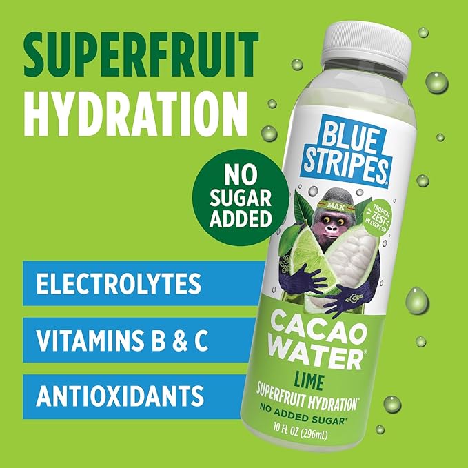 Blue Stripes Cacao Water - Cold Pressed Superfruit Hydration with Electrolytes & Antioxidants, No Sugar Added, All Natural, Great for Protein Shakes & Smoothies - Lime, 6 Pack