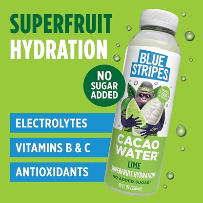 Blue Stripes Cacao Water - Cold Pressed Superfruit Hydration with Electrolytes & Antioxidants, No Sugar Added, All Natural, Great for Protein Shakes & Smoothies - Lime, 6 Pack