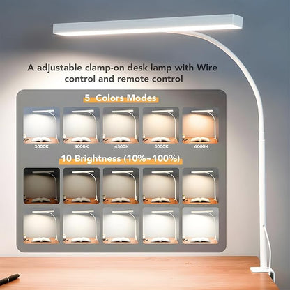 LED Desk Lamp for Office Home, Eye- caring Lamp with 10 Meter Remote Control Function, 5 Modes 10 Brightness Adjustable Desk Light Flexible Gooseneek Clip - on Light for Studying, Workbench (white)