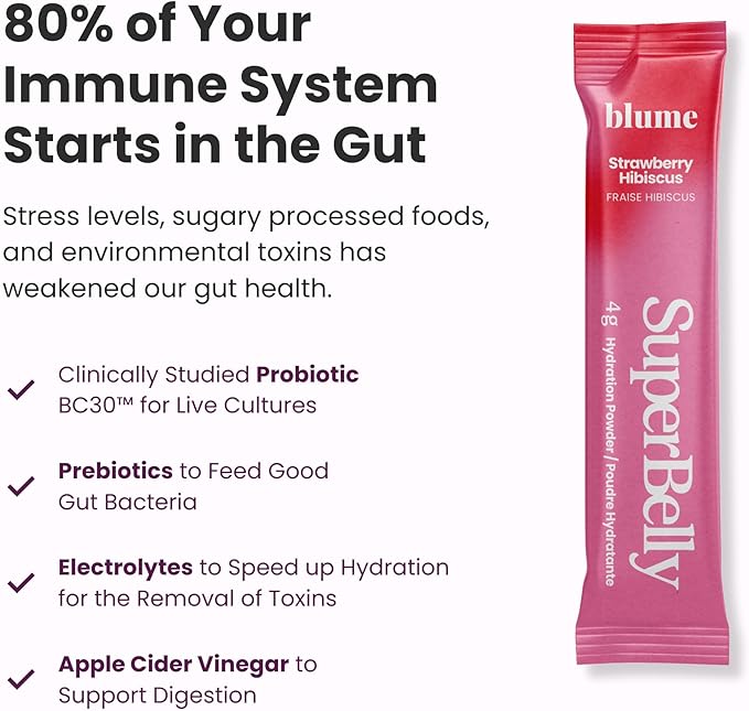 Blume SuperBelly Gut Health and On-The-Go Hydration Packets, GLP-1 Friendly, Sugar-Free, with Prebiotics, Probiotics, Apple Cider Vinegar, Vitamin C, and Electrolytes, Strawberry Hibiscus, 15 Sticks