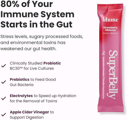 Blume SuperBelly Gut Health and On-The-Go Hydration Packets, GLP-1 Friendly, Sugar-Free, with Prebiotics, Probiotics, Apple Cider Vinegar, Vitamin C, and Electrolytes, Strawberry Hibiscus, 15 Sticks