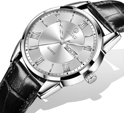 Men's Watch Big Face Easy Read Arabic Numeral Dress Watches for Men Classic Black Brown Leather Band Analog Mens Wrist Watch with Day and Date Fashion Business Waterproof Luminous Quartz Watch