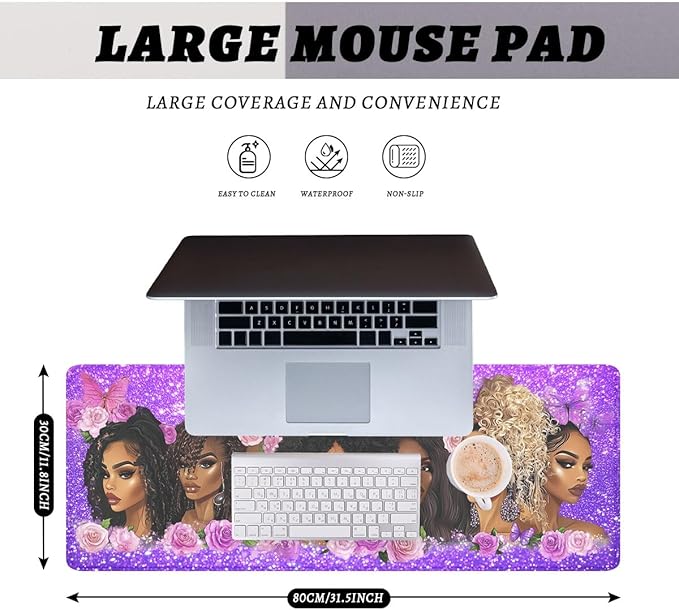Black Women Gaming Mouse Pad Strong Purple Butterfly Floral Extended Gaming Mouse Pad Mat with Stitched Edge Non-Slip Base Big Mousepad 31.5"x11.8"