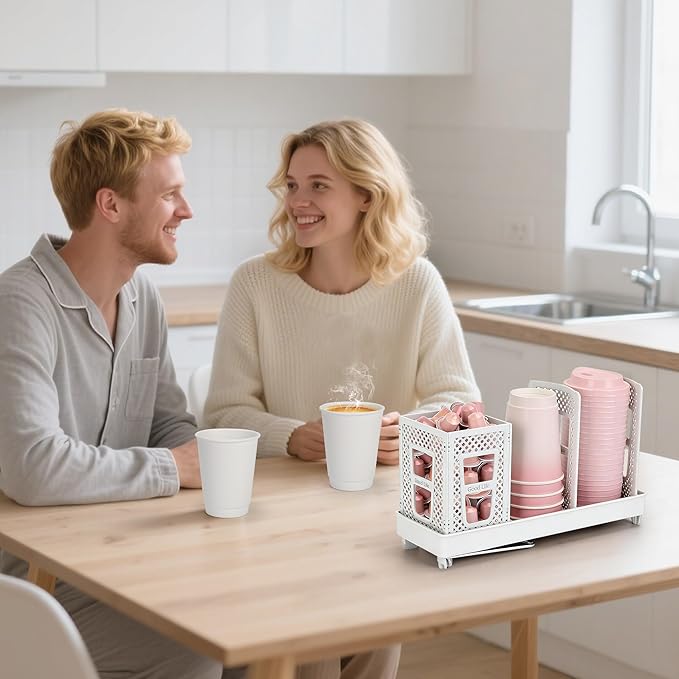 Coffee Cup Dispenser with Straws Holder, Plastic Coffee Cup and Lid Holder, 5-20oz Disposable Paper Cups Organizer for Countertop, Station, Bar, Office, Restaurant, Breakroom (White)