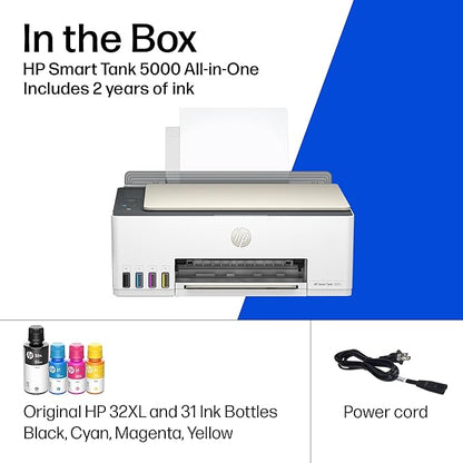 HP Smart Tank 5000 Wireless All-in-One Ink Tank Printer, Scanner, Copier with 2 years of ink included, Best-for-home, Refillable, AI-enabled (5D1B6A)