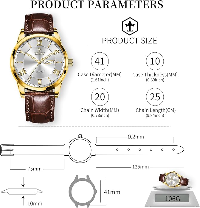 Men's Watch Big Face Easy Read Arabic Numeral Dress Watches for Men Classic Black Brown Leather Band Analog Mens Wrist Watch with Day and Date Fashion Business Waterproof Luminous Quartz Watch