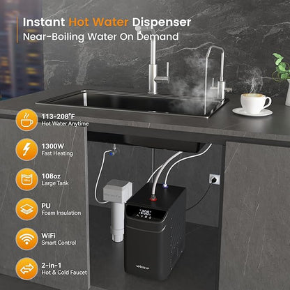 Instant Hot Water Dispenser, 3.4-Quart Stainless Steel Tank with Hot & Cold Under-Sink Faucet, Precise 113–208℉ Temp & WiFi Smart Control, Energy-Efficient for Home & Office, B32CU-FHCA