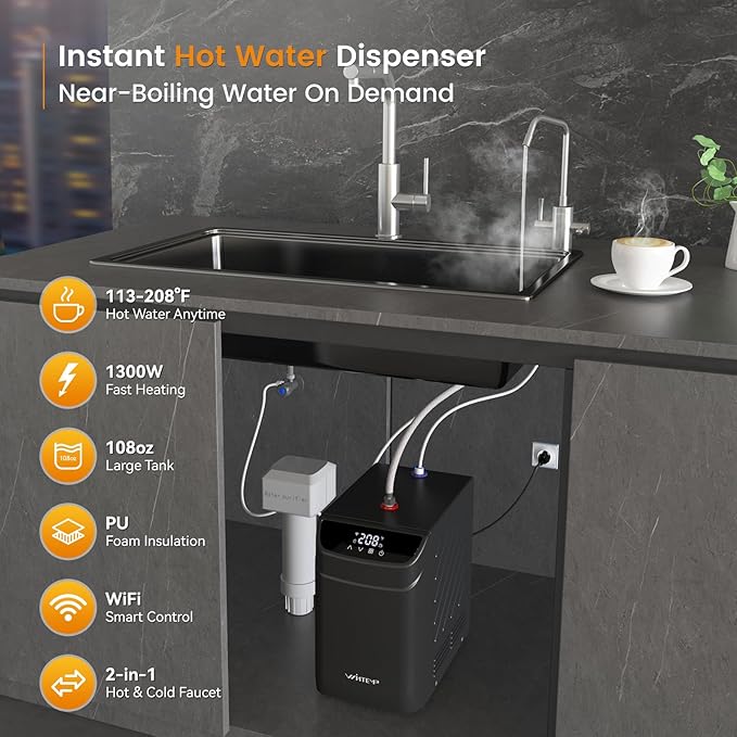 Under Sink Instant Hot Water Dispenser with 2-in-1 Hot & Cold Faucet, 3.4Qt Tank, Digital Temperature Control 113–208°F, Low Noise and Energy-Saving & Child Safety Lock for Kitchen or Office
