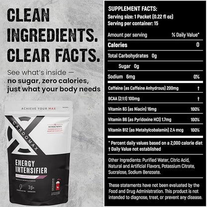 CardoMax - Energy Drink Packets - Liquid Preworkout for Men & Women Caffeine Packets with BCAA, Vitamin B12, Vitamin B6 & B3 - Sugar-Free, Zero Calorie, Vegan & Keto - 15 Stick Packs - Pink Lemonade