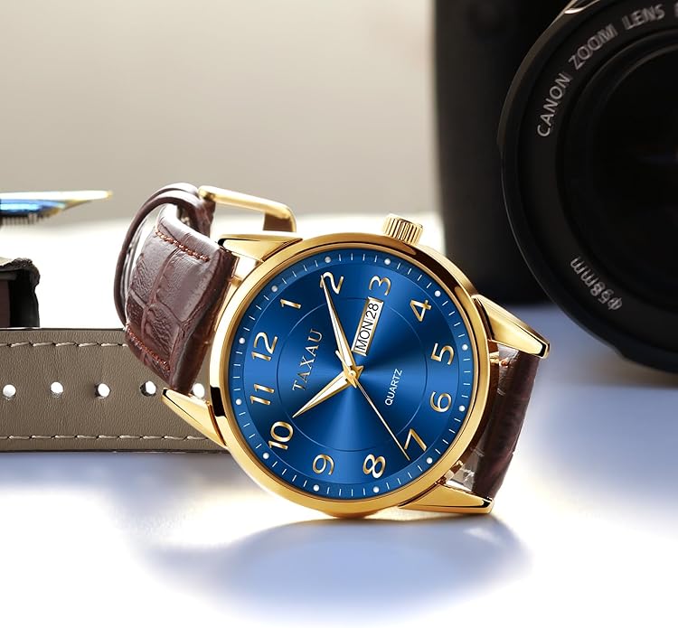 Men's Watch Big Face Easy Read Arabic Numeral Dress Watches for Men Classic Black Brown Leather Band Analog Mens Wrist Watch with Day and Date Fashion Business Waterproof Luminous Quartz Watch