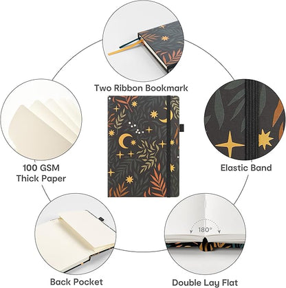 &And Per Se Dotted Journal Notebook, A5 Hardcover Bullet Dotted Journal, 160 Pages 100 gsm Thick Paper, 3 Sheets of Stickers Included - 5.7'' x 8'' (Lunar Leaf)