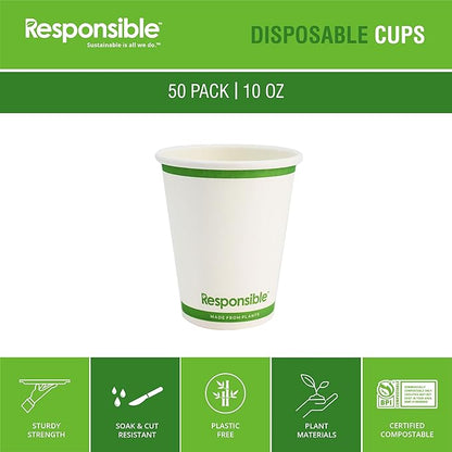 Responsible Products Certified Compostable 10 oz Paper Cups, Cold ＆ Hot Coffee Cups, Disposable Paper Cups, Extra Strength Disposable Cups, Made without PFAS (50 count)