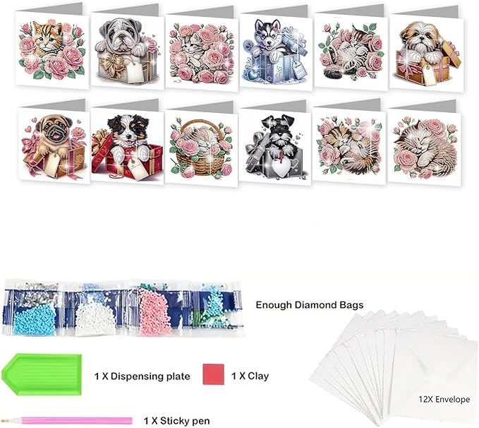 jinglinhh 12pcs Valentine's Day Diamond Art Painting Rose Cat Dog Gift Box Puppy Greeting Cards with Envelopes, DIY Card Making Kits for Adults, Diamond Art Birthday Holiday Cards Craft Gifts