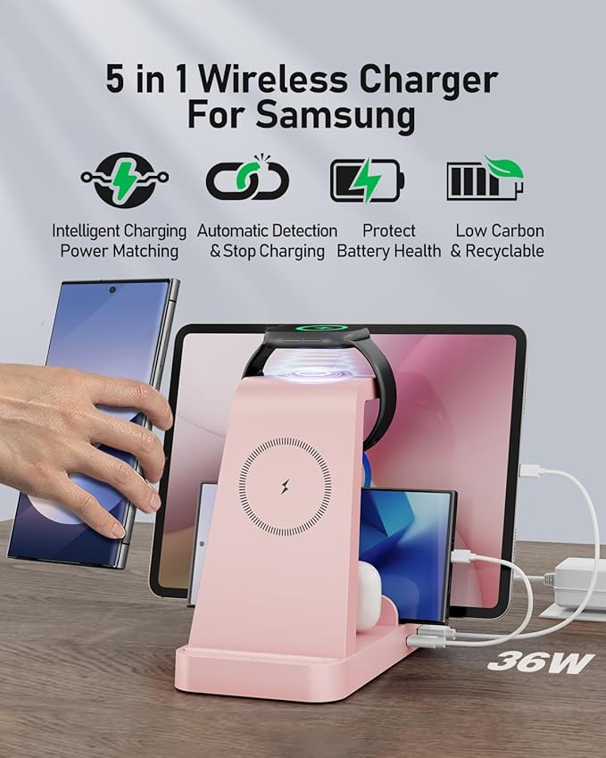 5 in 1 Wireless Charger for Samsung, Wireless Charging Station for Multiple Devices, Fast Charger Stand for Samsung Galaxy S25 Ultra S24 S23 S22 S20 Note 20 10 Z Fold 7 6 Galaxy Watch 7 6 5 Buds, Pink
