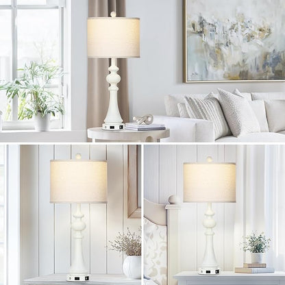 28" Farmhouse Table Lamp with USB A+C Fast Ports & AC Outlets, Vintage Rustic 3-Way Dimmable Touch Control Table Lamp, Rustic Traditional Bedside Nightstand Lamp for Living Room Bedroom White