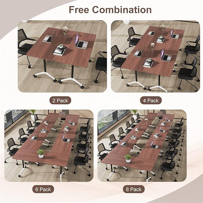 Folding Conference Table,Conference Table with Wheels,Large Flip-Top Training Table,Freely Combinations,Easy to Move for Offices, Schools,Training Rooms（2,Walnut,47in