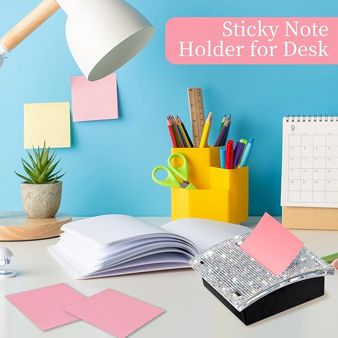 Rhinestone Self Sticky Note Holder Post it Note Dispenser Pop-Up Sticky Notes Dispenser 4 x 4 Inches Post it Dispenser for Desk Office Stationery (AB Bling)