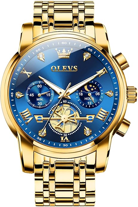 OLEVS Men Watches Stainless Steel Chronograph Watch, Large Wrist Analog Quartz Watch, Fashion Waterproof Diamond Roman Numerals Dress Watches for Men, Gold/Black/White/Blue/Grey Dial