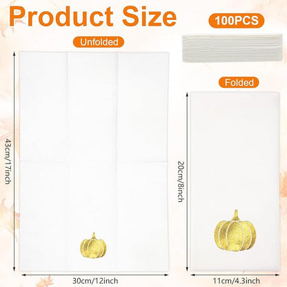 Janlaugh 100 Pcs Gold Thanksgiving Linen Disposable Bathroom Hand Towels Pumpkin Maple Leaves Foil Stamped Guest Napkins 12"x17" Paper Towels for Bathroom Home Lunch Dinner Kitchen(Pumpkin)