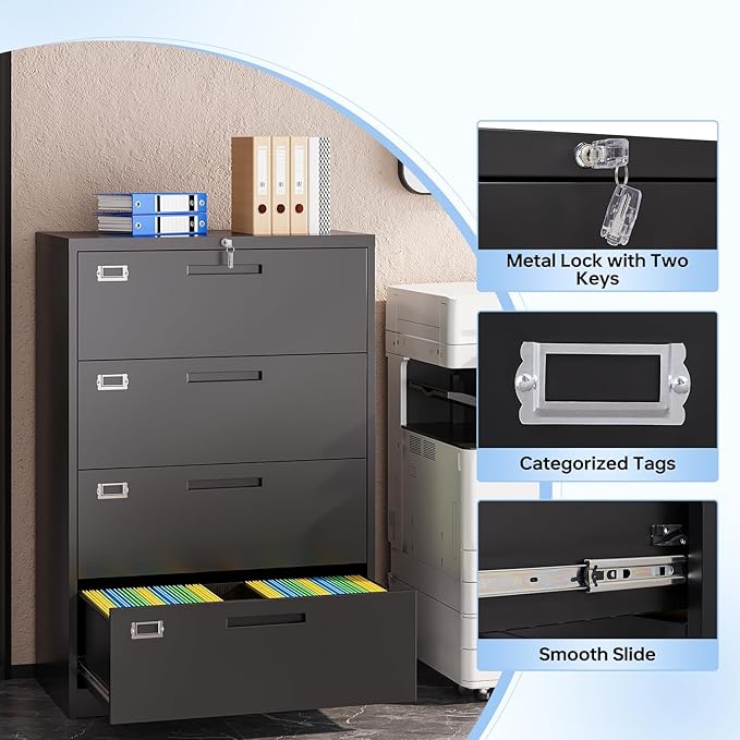 Lateral Filing Cabinet,4 Drawer File Cabinet with Lock,Office Lateral File Cabinets for Legal/Letter A4 Size,Require Assembly, Black