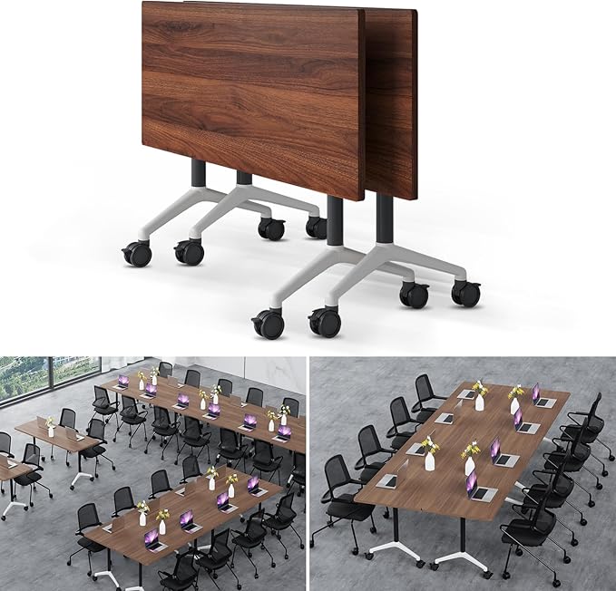 Folding Conference Table Modern Large Mobile Meeting Table Rolling Conference Room Tables with Wheels Seminar Tables for Office Training Classroom (2, Walnut, 70.9" D X 23.6" W X 29.5" H)