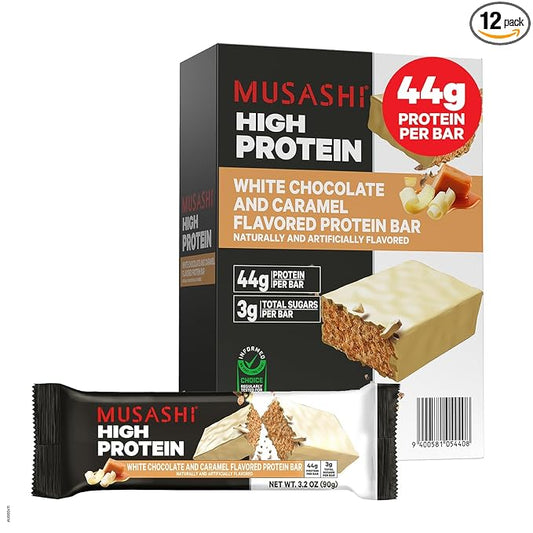 MUSASHI High Protein Bar, 44g Protein, 3g Total Sugars, White Chocolate Caramel, Post Workout and Protein Snack On The Go, 12 Pack of 3.2oz (90g) Bars