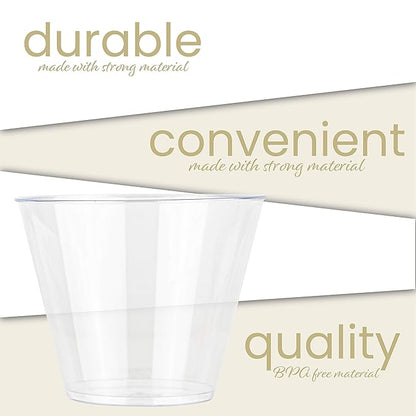 PLASTICPRO 9 oz Disposable Plastic Party Cups,Old fashioned Designed Tumblers, 100 Count, Crystal Clear