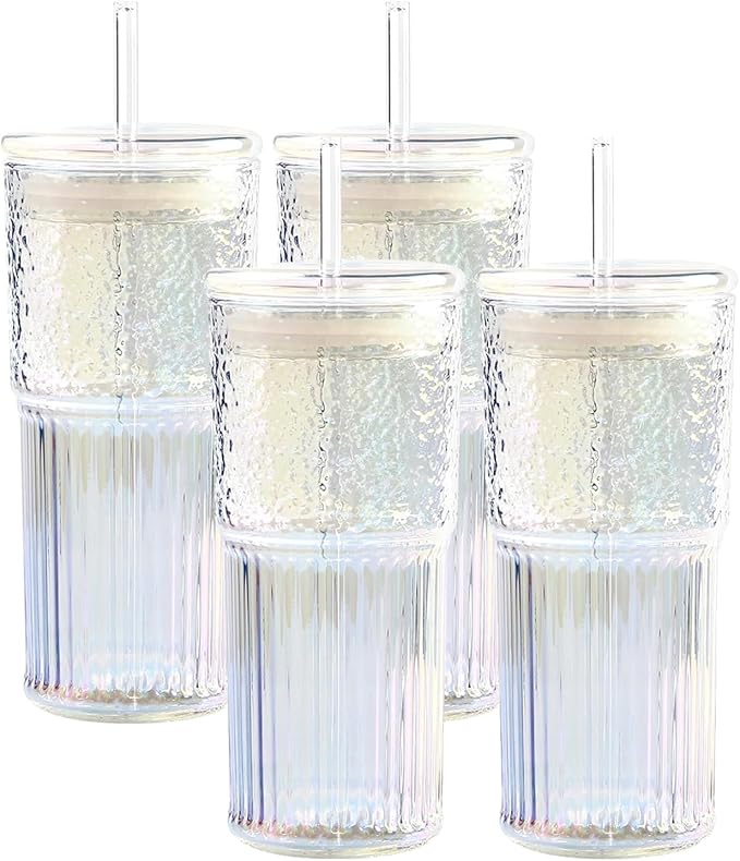 Rainbow 20 OZ Glass Cups With Lids and Straws, 4 Set Glass Tumbler Cup with Leakage Lid, Glass Iced Coffee Cups for Drinking Juice Smoothie Matcha, Suit for Car Cup Holder