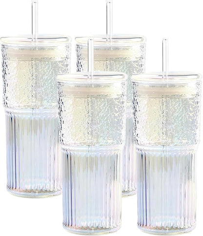 Rainbow 20 OZ Glass Cups With Lids and Straws, 4 Set Glass Tumbler Cup with Leakage Lid, Glass Iced Coffee Cups for Drinking Juice Smoothie Matcha, Suit for Car Cup Holder
