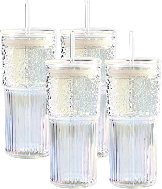 Rainbow 20 OZ Glass Cups With Lids and Straws, 4 Set Glass Tumbler Cup with Leakage Lid, Glass Iced Coffee Cups for Drinking Juice Smoothie Matcha, Suit for Car Cup Holder