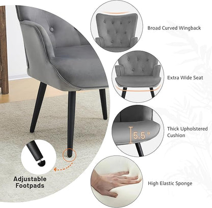Furniliving Modern Accent Chair, Velvet Tufted Button Wingback Chair Upholstered Side Armchair Comfy Lounge Chair with Tapered Legs Sofa Leisure Chair for Home Office/Living Room/Bedroom, Grey