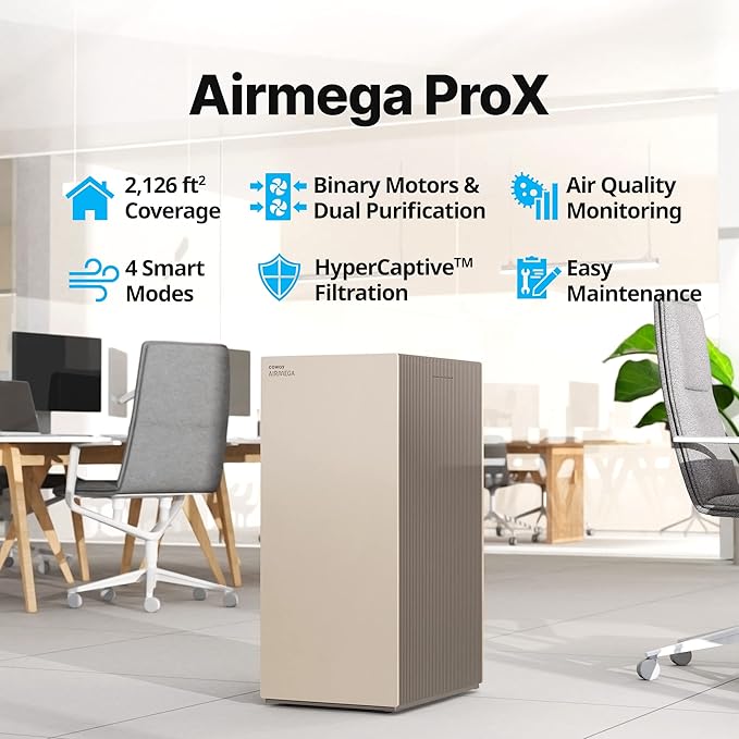 COWAY Air Purifiers for Large Room Whole Home Up to 4,253ft², 2 Sets of XL Washable Pre-Filters and True HEPA Filters for Dual Purification, PM1.0 AQI, Turbo Mode, Timer, Wheels, 5yr Warranty, ProX(B)
