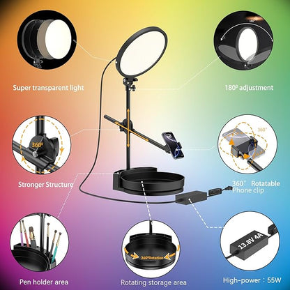 Selfie Light Kit for Desk and Laptop,55W Dimmable Full Screen Ring Light,with Rotating Storage Box,Pen Holder Stand,Phone Holder and Controller (Black-RGB, 10.5)