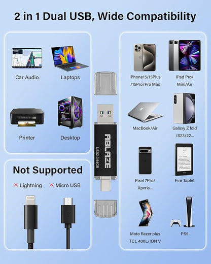 ABLAZE 64GB Type C Flash Drive 10 Pack, Dual USB 2.0+USB C Memory Stick Thumb Drive Compatible with iPhone 17/16/15, Android Smartphone, Computers,Tablets, Mac,iPad,PC