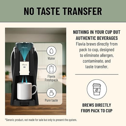 Flavia Aroma Brewer Bundle with 84 Freshpacks and 1 Merchandiser - Coffee Machine, Makes Coffee, Lattes, Tea, and other Hot or Iced Beverages with Single-Serve Freshpacks, Multiple Brew Sizes, Black