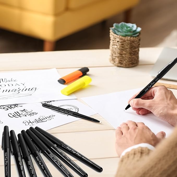 144 Pcs Black Felt Tip Pens 0.7mm Medium Point Pens Bulk, Felt Tip Markers for Journaling, Writing, Note Taking, Planner, Ideal for Office School Art Supplies Gift